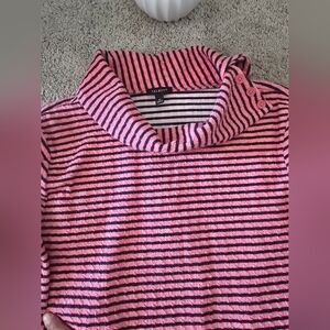 Talbots High neck sweater with buttons, long sleeves in pink and navy stripes, M